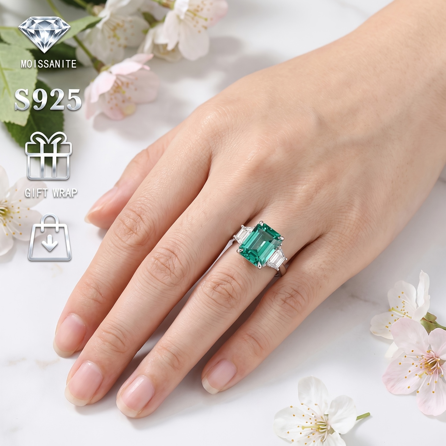 High-End S925 Silver Ring with 5 Carats Green Moissanite
